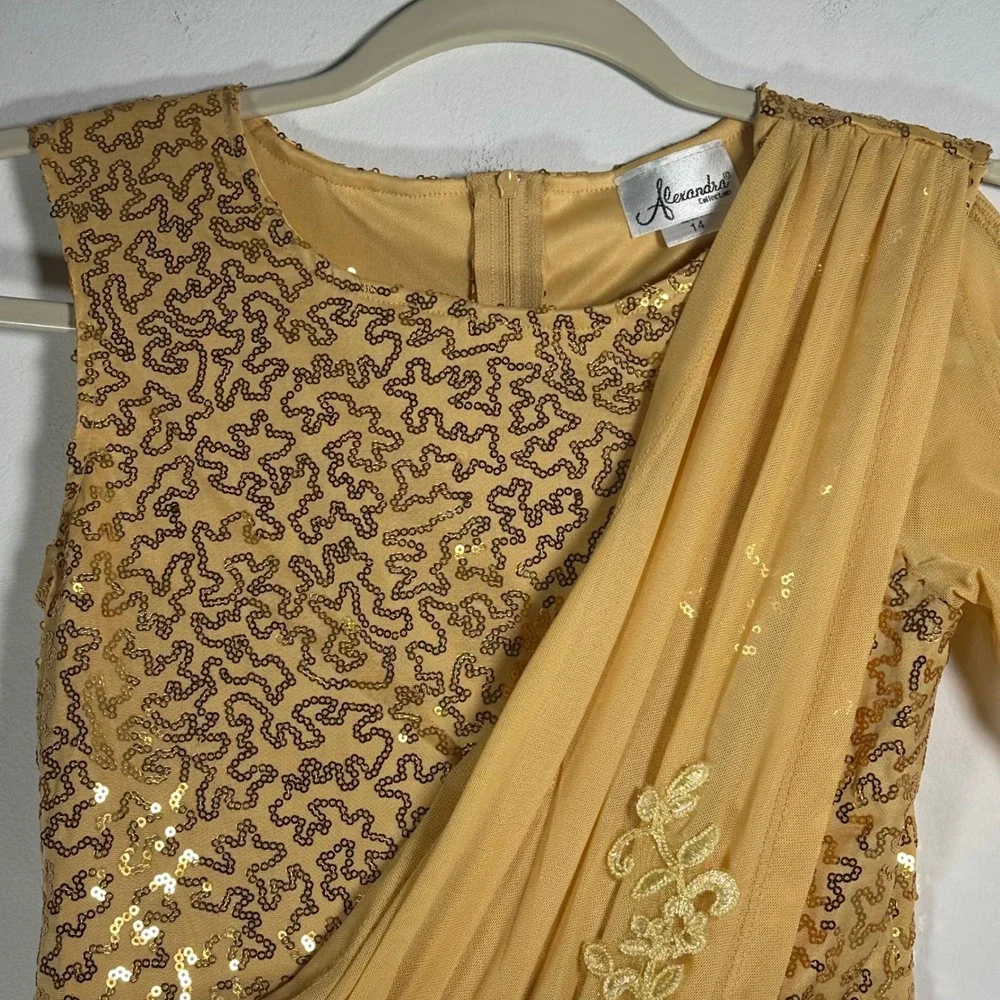 Alexandra Collection Gold Sequin Dance Romper One Sleeve Costume‎ Girls 14